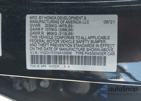 2021 Honda Accord Sport z USA, uszkodzony, nr VIN 1HGCV1F31MA106836